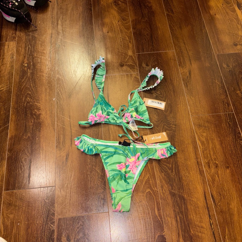 Nasty Gal Green & Pink Tropical Ruffle Bikini